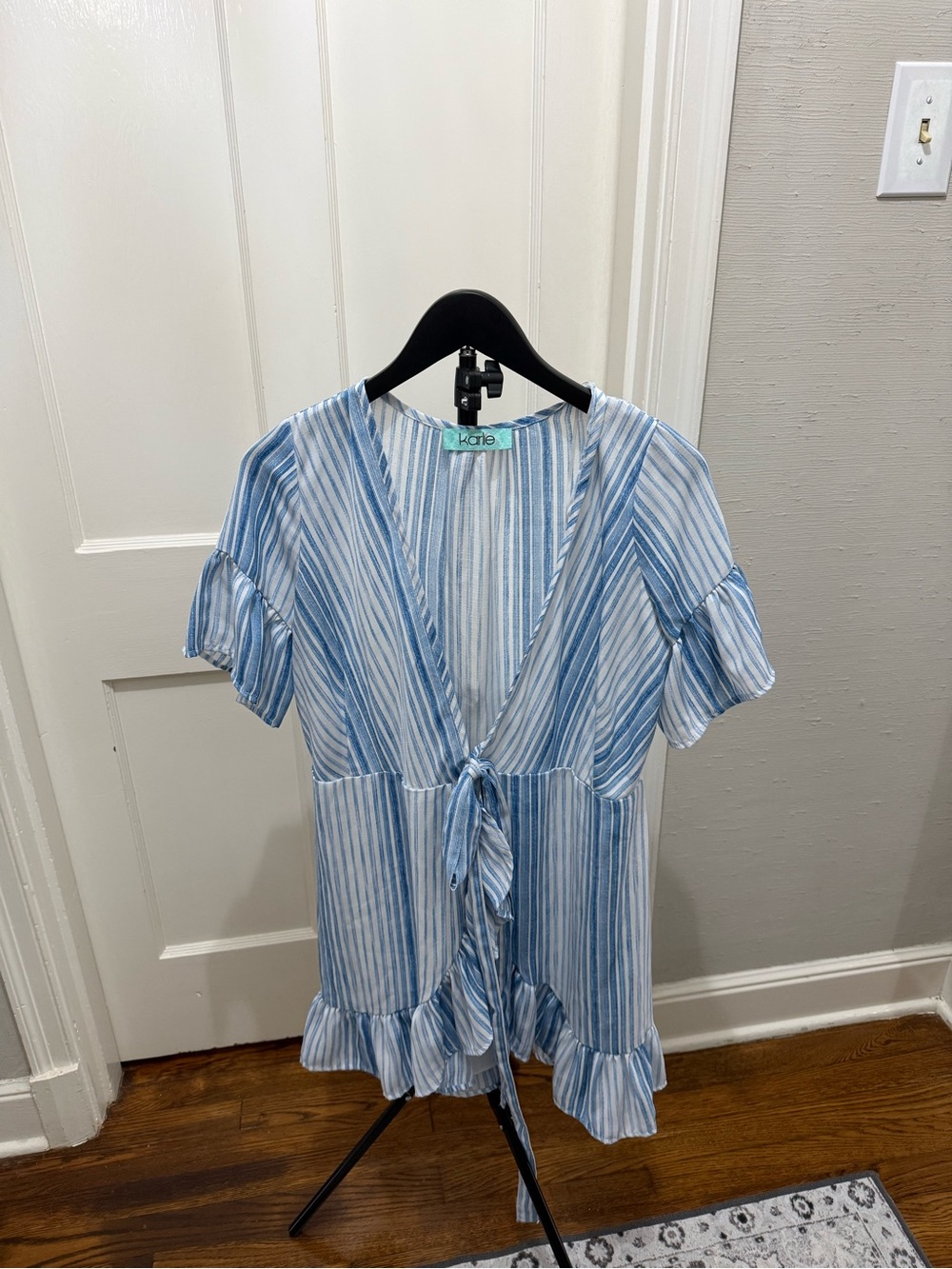 Karlie Light Blue and White Striped Tie-Front Tunic
